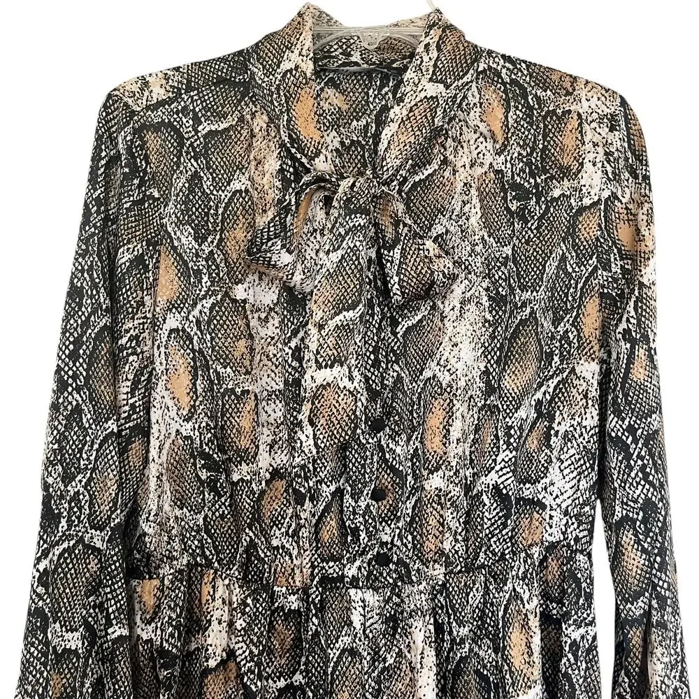 Zara Brown Snakeskin Animal Print Long Sleeve Button Front Tie Neck Midi Dress L
